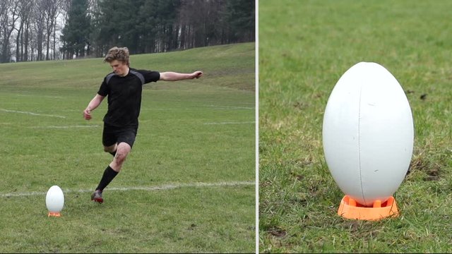 Kicking a conversion in Rugby. A player kicks the ball  off a tee during a match. Split Screen. Super Slow Motion - Stock Video Clip Footage