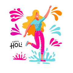 Obraz na płótnie Canvas Blond young woman having fun throwing colorful splashes on the spring festival of Holi. Template for invitation poster. Vector illustration in flat cartoon style