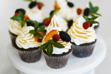 Plate with freshly baked sweet muffins. Sweet pastries, recipes, cooking