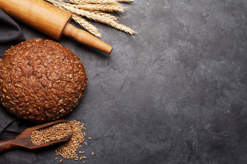 Bread ingredients. Wheat, flour and cooking utensils