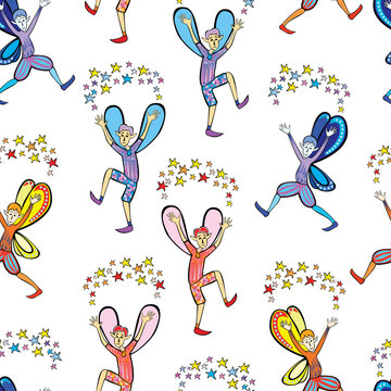 Seamless pattern of cheerful elves with festive stars