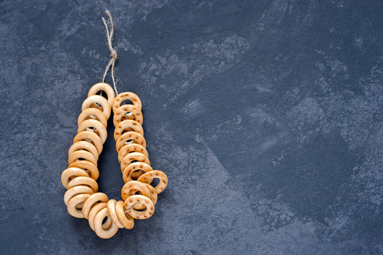 Bagels on a dark background. Russian sushki or baranki