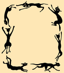 Vector background with frame from silhouettes jumping and running cats