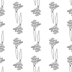 Seamless pattern with cozy black-and-white carrots on white background for fabric, textile, clothes, tablecloth and other things. Vector image.