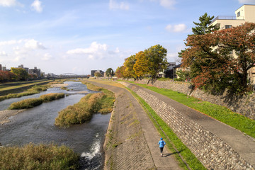 Fototapeta na wymiar View of the Sai River from the Shinbashi Bridge. Kanazawa, Japan, November 2019