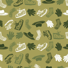Vector green monochrome pattern with trekking shoes, socks, hat and gloves. Suitable for textile, wallpaper and giftwrap.