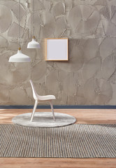 Decorative grey wall background, home design, house object with lamp, chair and table style.