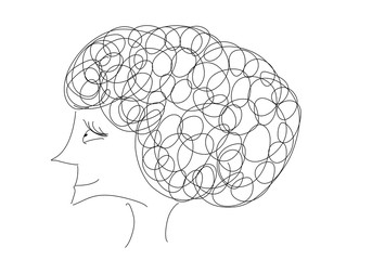 Dibujo de una mujer con rizos sobre fondo blanco.