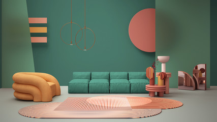 Turquoise colored modern living room, pastel colors, sofa, armchair, carpet, coffee tables, frosted glass panels, copper pendant lamps. Interior design atmosphere, architecture idea © ArchiVIZ
