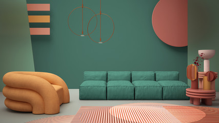 Turquoise colored modern living room, pastel colors, sofa, armchair, carpet, coffee tables, frosted glass panels, copper pendant lamps. Interior design atmosphere, architecture idea