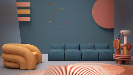 Blue colored contemporary living room, pastel colors, sofa, armchair, carpet, coffee tables, frosted glass panels, copper pendant lamps. Interior design atmosphere, architecture idea