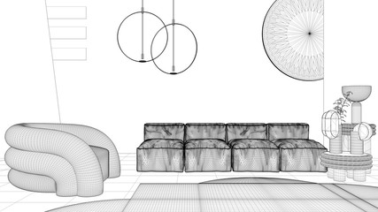 Blueprint project draft, contemporary living room, sofa, armchair, carpet, coffee tables and decors, frosted glass panels, pendant lamps. Interior design atmosphere, architecture idea