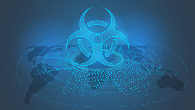 Biohazard symbol on a globe map background.