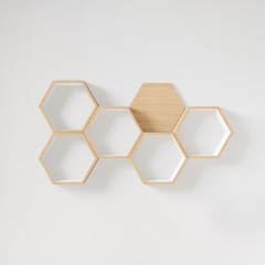 Hexagon shelf books for mock up of copy space, wooden hexegon