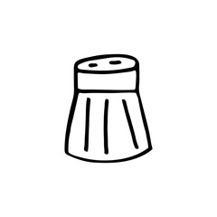 Salt shaker dish cute kitchen equipment vector doodle hand drawn illustration, sticker, icon. Monochrome black design. Isolated on white background. Kitchen staff design element. Line art. Minimalist
