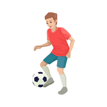Football player runs for the ball. Kicks the ball, looks at the ball. Vector flat illustration