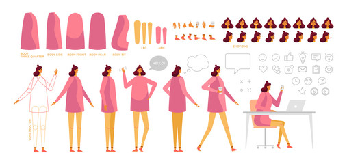 Fototapeta premium Woman creation kit. Body constructor. Collection of body parts for animation. Front, side, rear, three quarter. Facial expression. Set of emotion, bubbles and line social icons. Vector, isolated