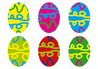 Illustration of six colorful design easter eggs, designs isolated on white background
