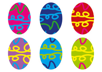 Illustration of six colorful design easter eggs, designs isolated on white background