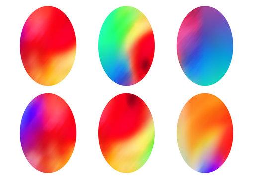 Illustration of six colorful design easter eggs, designs isolated on white background