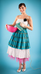 Happy Retro Young Woman with Mixer and Bowl, Baking and Cooking