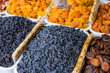 general plan of the store counter with the sale of a variety of dried fruits. High-calorie nutrition of dry fruits.