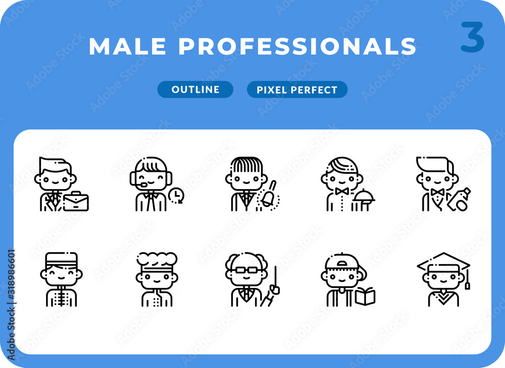 Poster male professionals outline icons pack for ui. pixel perfect thin line vector icon set for web design