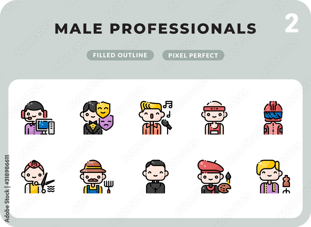 Poster male professionals filled icons pack for ui. pixel perfect thin line vector icon set for web design 