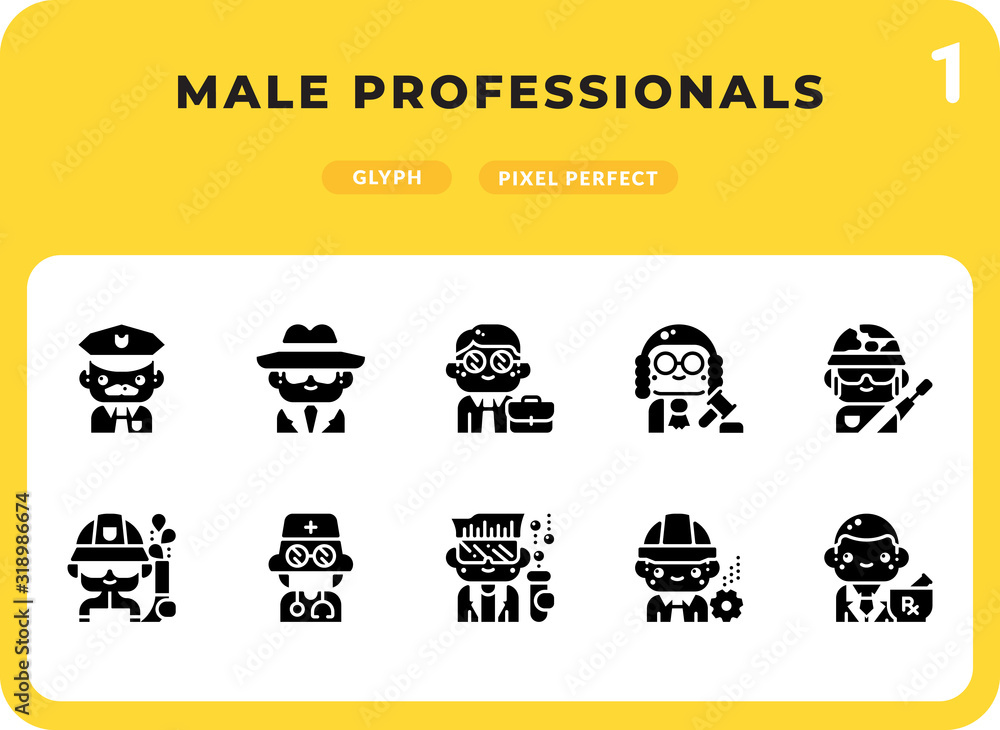 Poster male professionals flat icons pack for ui. pixel perfect thin line vector icon set for web design an