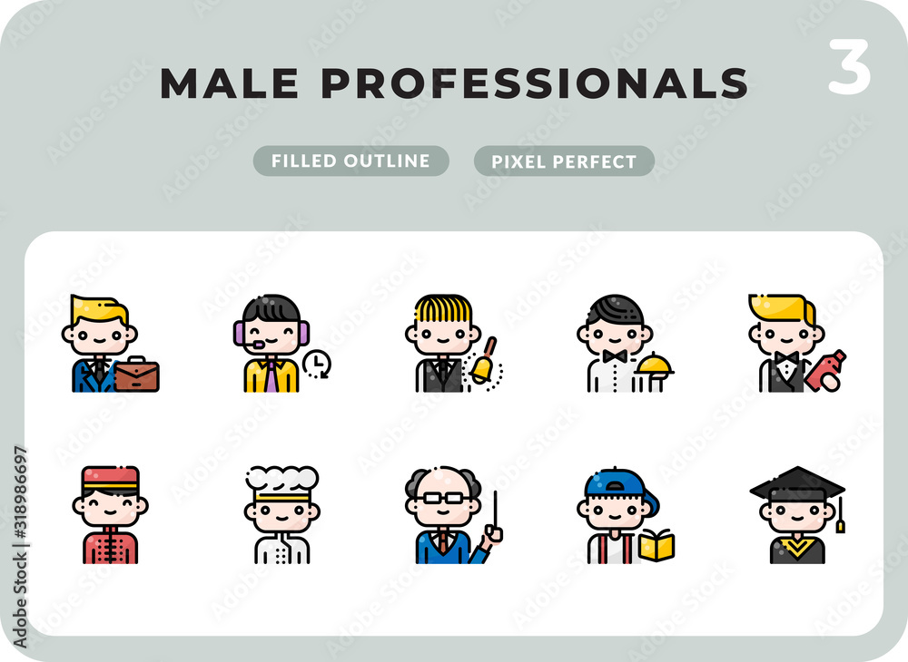 Poster male professionals filled icons pack for ui. pixel perfect thin line vector icon set for web design 