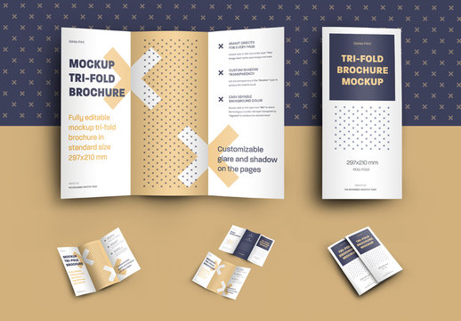 4 Mockup Set of  Tri Fold Roll Brochures
