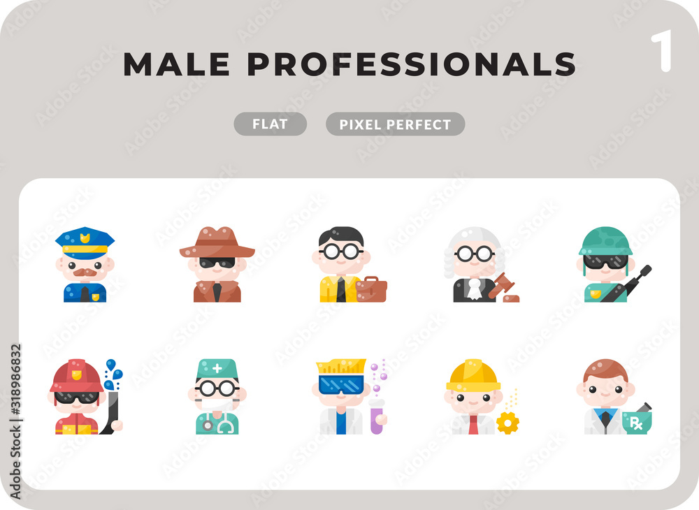 Poster male professionals glyph icons pack for ui. pixel perfect thin line vector icon set for web design a