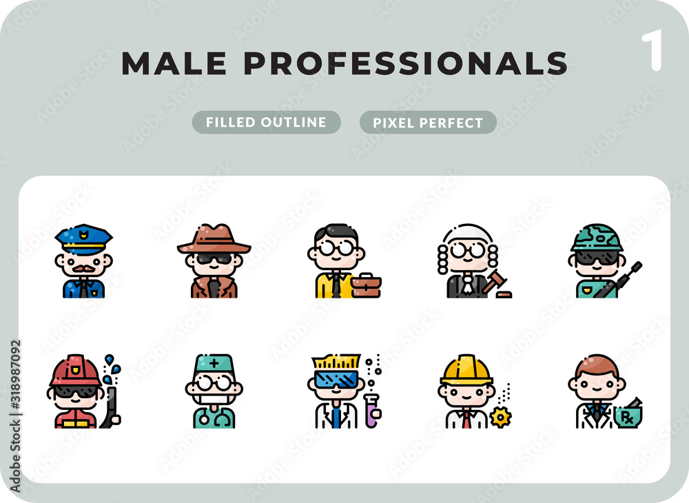 Poster male professionals filled icons pack for ui. pixel perfect thin line vector icon set for web design 