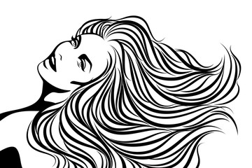 Smiling sexy girl with long hair poster in black and white. Elegant vector illustration
