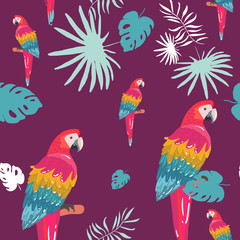 Naklejka premium Seamless pattern with palm trees leaves and Blue Yellow and Red Blue Macaw parrots. Textile Wrapping paper background. repeating image. hand drawing