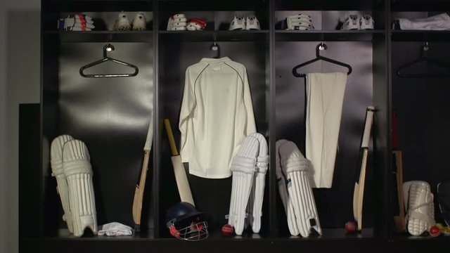 Cricket Changing room / Locker room. All the kit or uniform is laid out ready for the players.&nbsp;