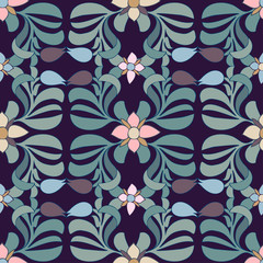 Modern seamless vector botanical colourful pattern with garden flowers. Can be used for printing on paper, stickers, badges, bijouterie, cards, textiles. 