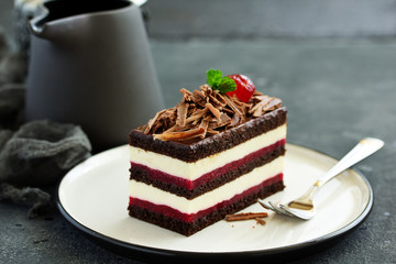 Chocolate cake with black forest cherries.