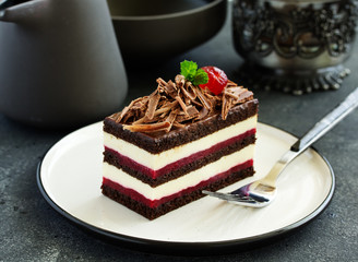 Chocolate cake with black forest cherries.