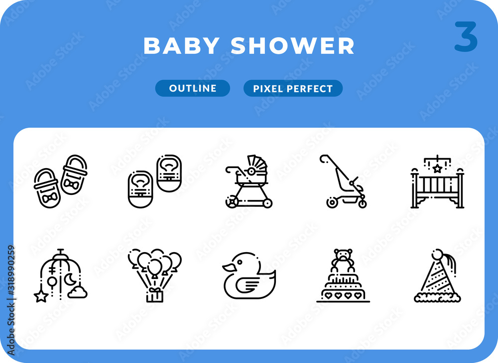 Poster baby shower outline icons pack for ui. pixel perfect thin line vector icon set for web design and we