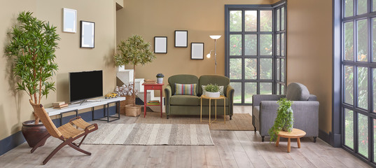 Brown living room style, minimal chair and sofa set, decorative home object and window view.