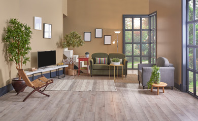 Brown living room style, minimal chair and sofa set, decorative home object and window view.