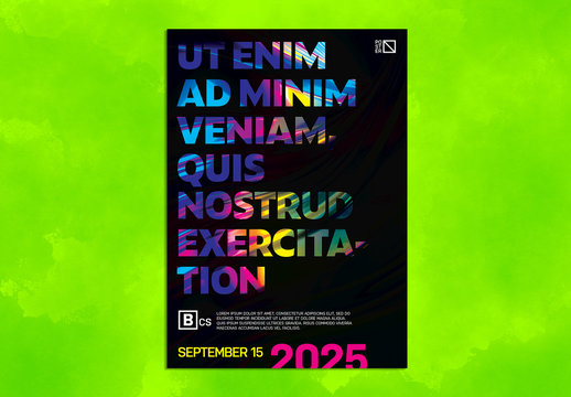 Colorful Poster Layout with Abstract Glowing Wave Text Overlay
