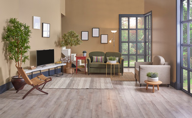 Brown living room style, minimal chair and sofa set, decorative home object and window view.