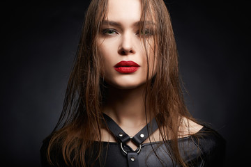 beauty make-up girl with wet hair and red lips