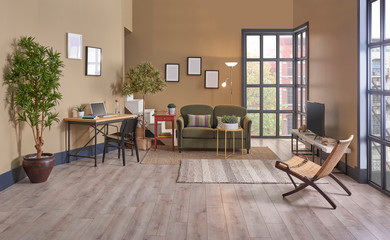Brown living room style, minimal chair and sofa set, decorative home object and window view.