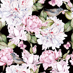 Panele Szklane  Piękny wzór akwarela z róż i piwonia, ptaki, motyle.