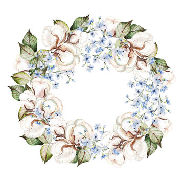 Bright watercolor  wreath with forgot me not  flowers and cotton. 