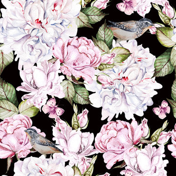Beautiful  watercolor seamless pattern with roses and peony, birds, butterflies.