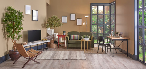 Brown living room style, minimal chair and sofa set, decorative home object and window view.